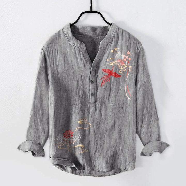 Camicia da uomo in cotone e lino a maniche lunghe con motivo Buddha Stones Phoenix Pavilions Clouds e bottoni a metà - Grigio - US/UK/AU50, EU60 (5XL) - image 0