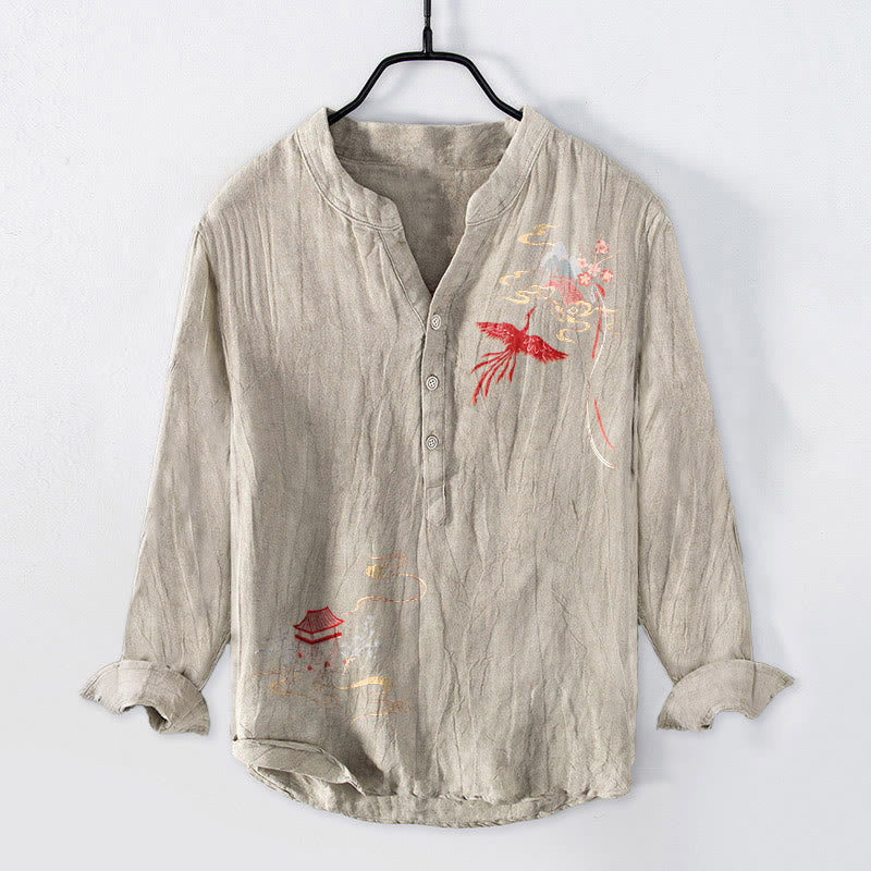 Camicia da uomo in cotone e lino a maniche lunghe con motivo Buddha Stones Phoenix Pavilions Clouds e bottoni a metà - Biancheria - US/UK/AU50, EU60 (5XL) - image 3