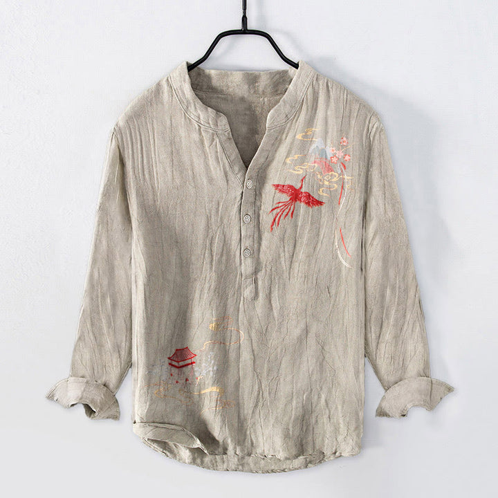 Camicia da uomo in cotone e lino a maniche lunghe con motivo Buddha Stones Phoenix Pavilions Clouds e bottoni a metà - Biancheria - US/UK/AU50, EU60 (5XL) - image 3