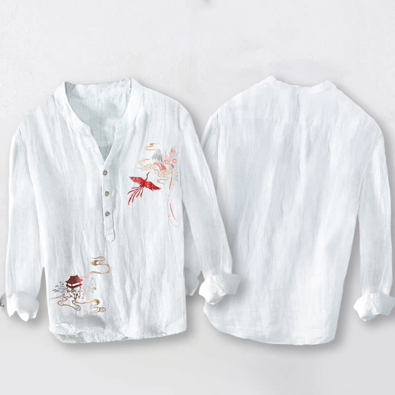 Camicia da uomo in cotone e lino a maniche lunghe con motivo Buddha Stones Phoenix Pavilions Clouds e bottoni a metà - image 8