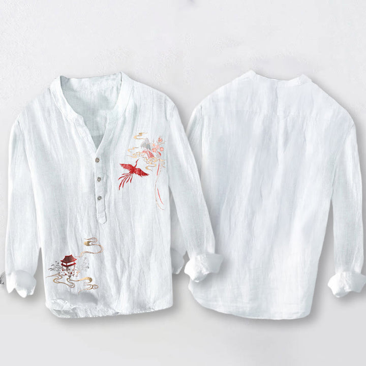 Camicia da uomo in cotone e lino a maniche lunghe con motivo Buddha Stones Phoenix Pavilions Clouds e bottoni a metà - image 8