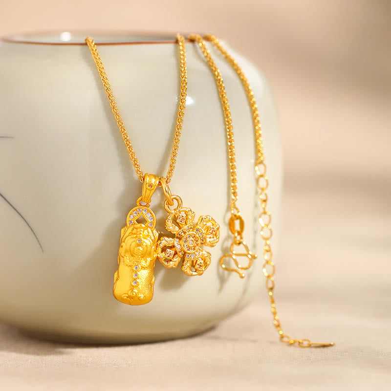 Collana con ciondolo a catena della ricchezza Dorje Vajra con croce Pixiu in ottone placcato oro 24k Buddha Stones - image 4