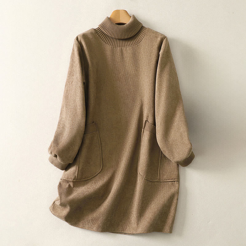 Abito midi da donna in caldo cotone con collo alto e maniche lunghe, con tasche, Buddha Stones - BurlyWood - US14, UK/AU18, EU46 (2XL) - image 1