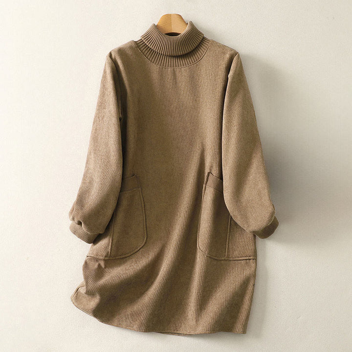 Abito midi da donna in caldo cotone con collo alto e maniche lunghe, con tasche, Buddha Stones - BurlyWood - US14, UK/AU18, EU46 (2XL) - image 1