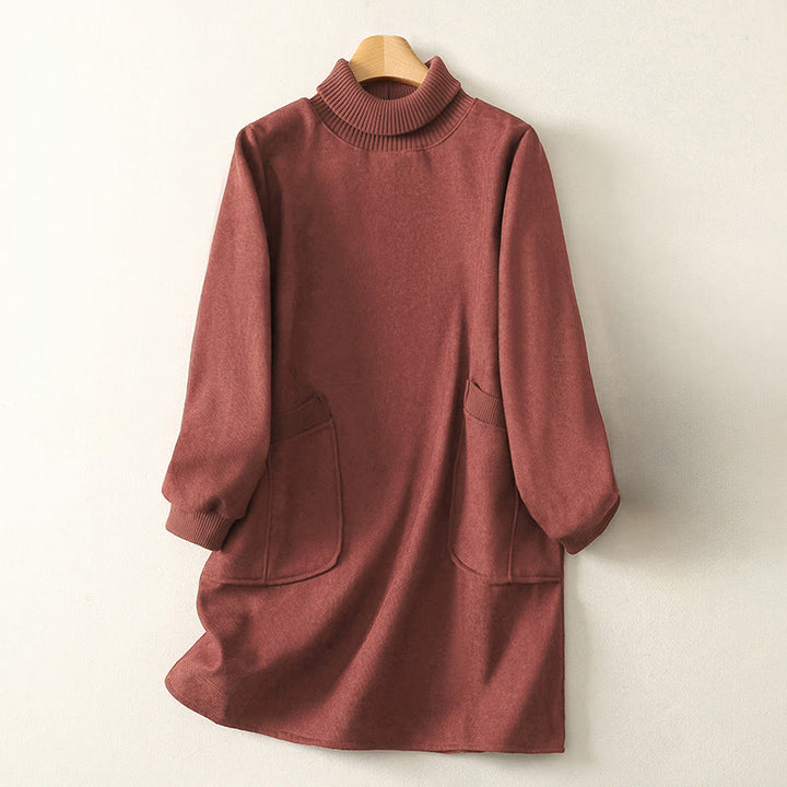 Abito midi da donna in caldo cotone con collo alto e maniche lunghe, con tasche, Buddha Stones - Salmone - US14, UK/AU18, EU46 (2XL) - image 6