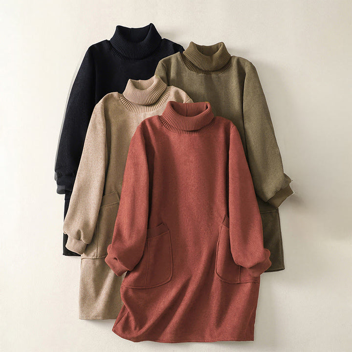 Abito midi da donna in caldo cotone con collo alto e maniche lunghe, con tasche, Buddha Stones - image 0