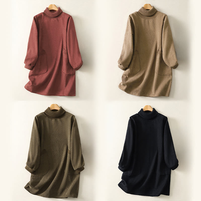 Abito midi da donna in caldo cotone con collo alto e maniche lunghe, con tasche, Buddha Stones - image 26