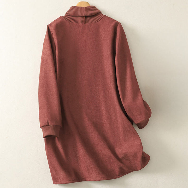 Abito midi da donna in caldo cotone con collo alto e maniche lunghe, con tasche, Buddha Stones - image 7