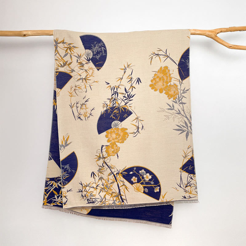 Sciarpa scialle accogliente con motivo a ventaglio invernale in bambù e peonie Buddha Stones - image 1