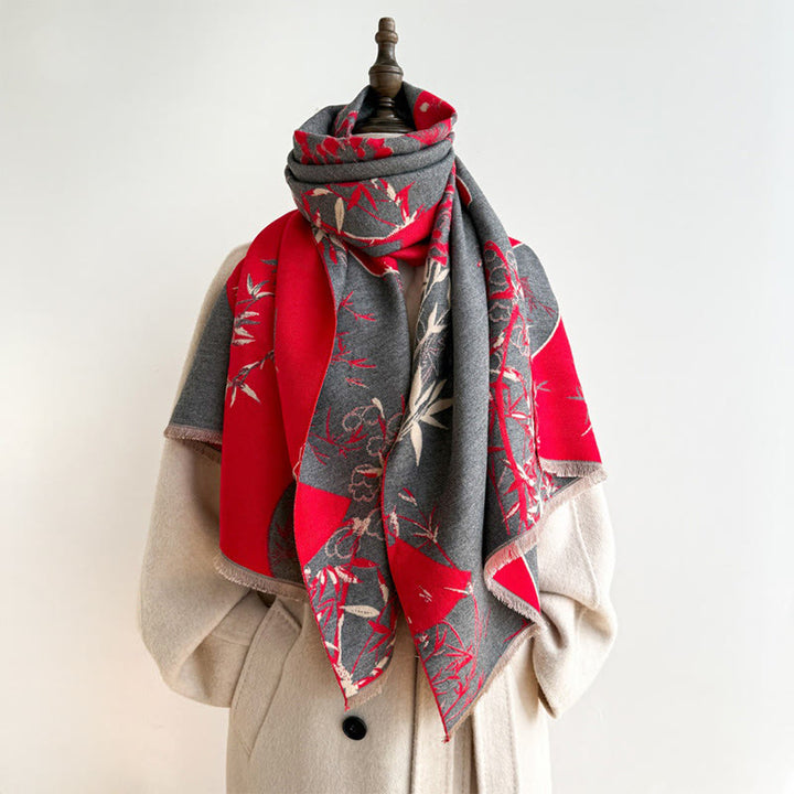 Sciarpa scialle accogliente con motivo a ventaglio invernale in bambù e peonie Buddha Stones - image 6