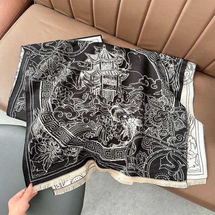 Sciarpa accogliente con motivo a onde, motivo a padiglione autunnale Buddha Stones, pesci koi e fiori - Nero - 180*65cm - image 4