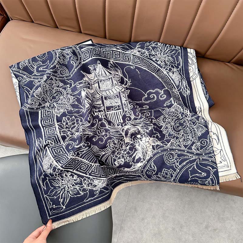 Sciarpa accogliente con motivo a onde, motivo a padiglione autunnale Buddha Stones, pesci koi e fiori - SteelBlue - 180*65cm - image 9