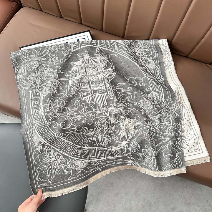 Sciarpa accogliente con motivo a onde, motivo a padiglione autunnale Buddha Stones, pesci koi e fiori - image 2