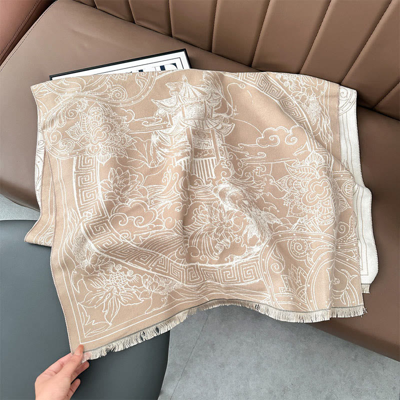 Sciarpa accogliente con motivo a onde, motivo a padiglione autunnale Buddha Stones, pesci koi e fiori - PapayaWhip - 180*65cm - image 13