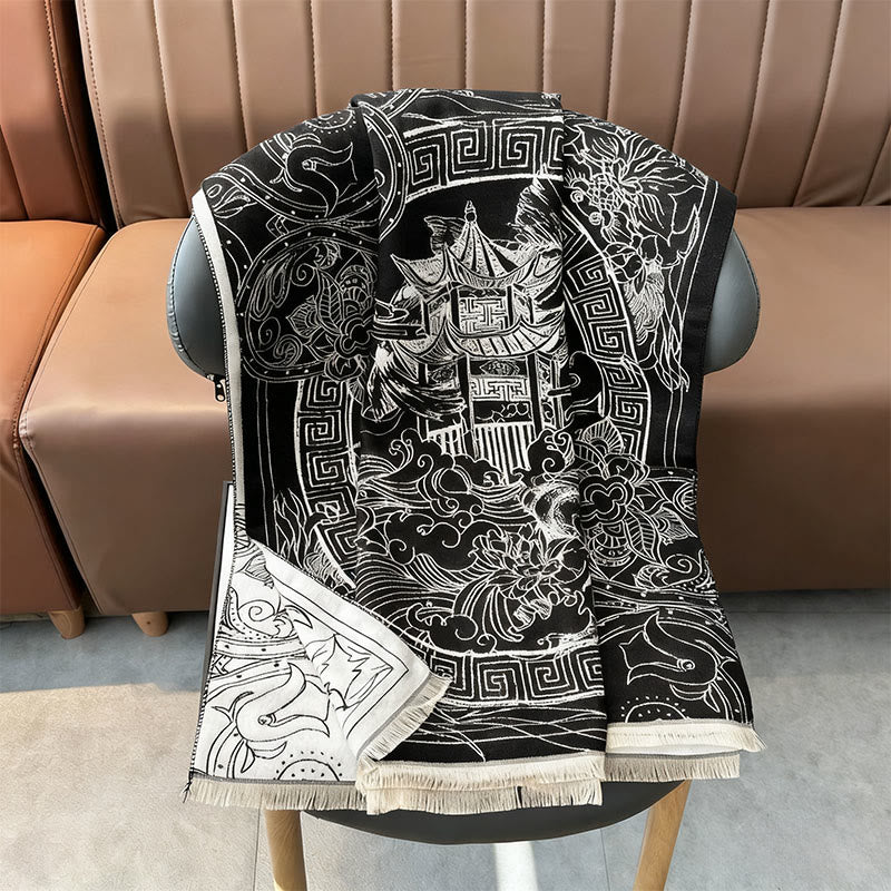 Sciarpa accogliente con motivo a onde, motivo a padiglione autunnale Buddha Stones, pesci koi e fiori - image 6