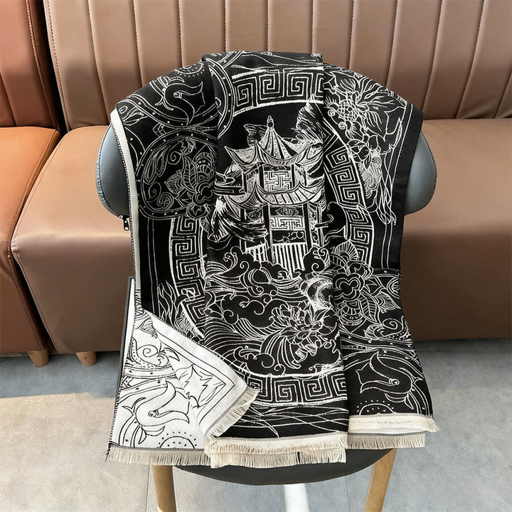 Sciarpa accogliente con motivo a onde, motivo a padiglione autunnale Buddha Stones, pesci koi e fiori - image 6