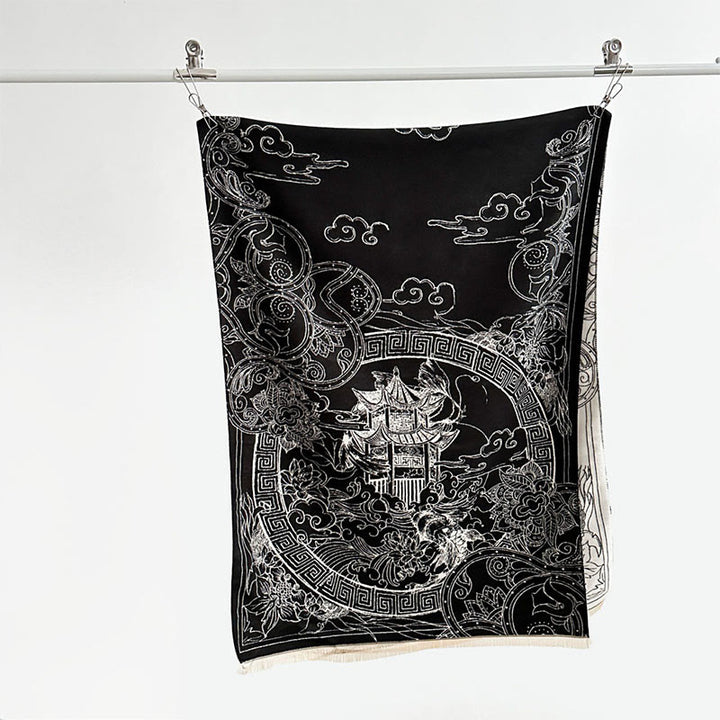 Sciarpa accogliente con motivo a onde, motivo a padiglione autunnale Buddha Stones, pesci koi e fiori - image 8