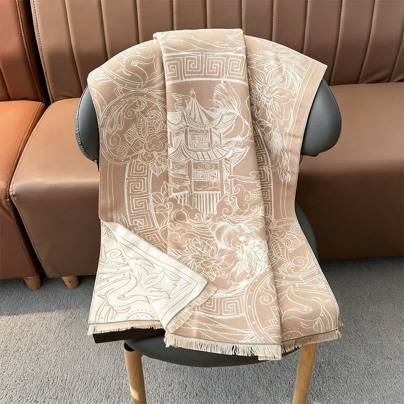 Sciarpa accogliente con motivo a onde, motivo a padiglione autunnale Buddha Stones, pesci koi e fiori - image 15