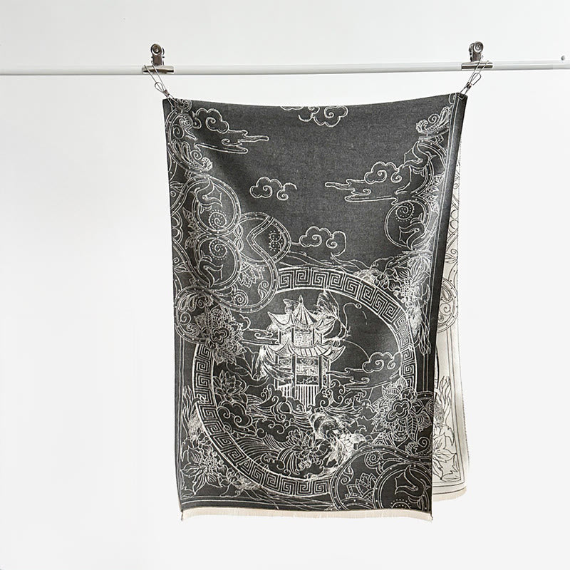 Sciarpa accogliente con motivo a onde, motivo a padiglione autunnale Buddha Stones, pesci koi e fiori - image 3