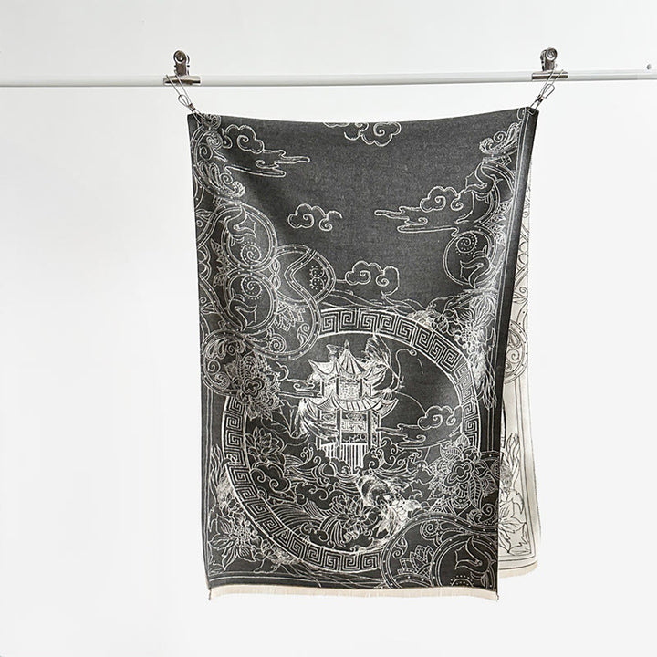 Sciarpa accogliente con motivo a onde, motivo a padiglione autunnale Buddha Stones, pesci koi e fiori - image 3