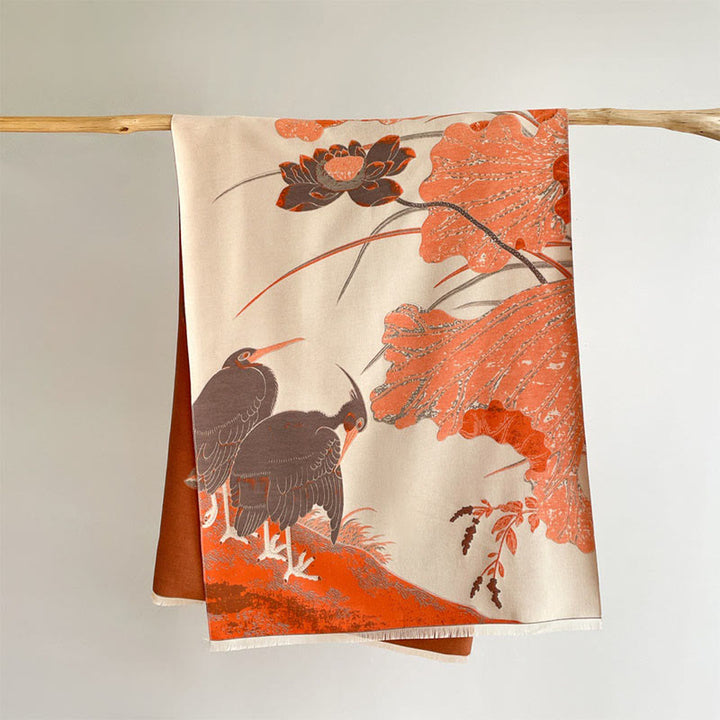 Sciarpa morbida con motivo a scialle, motivo a Buddha Stones invernale, uccelli, fiori di loto e foglie - image 1