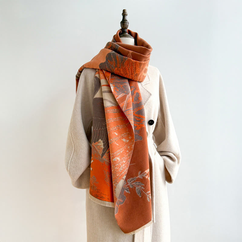 Sciarpa morbida con motivo a scialle, motivo a Buddha Stones invernale, uccelli, fiori di loto e foglie - image 3
