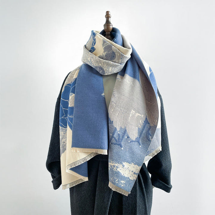 Sciarpa morbida con motivo a scialle, motivo a Buddha Stones invernale, uccelli, fiori di loto e foglie - image 10