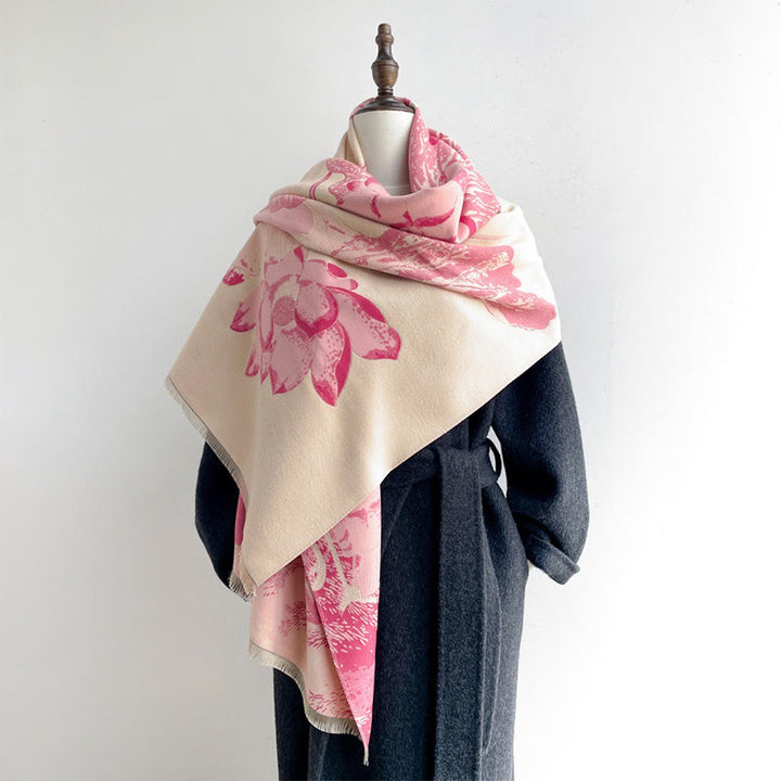 Sciarpa morbida con motivo a scialle, motivo a Buddha Stones invernale, uccelli, fiori di loto e foglie - image 6
