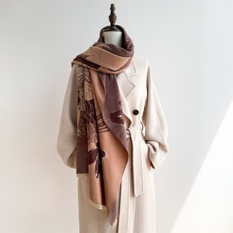 Sciarpa morbida con motivo a scialle, motivo a Buddha Stones invernale, uccelli, fiori di loto e foglie - image 14