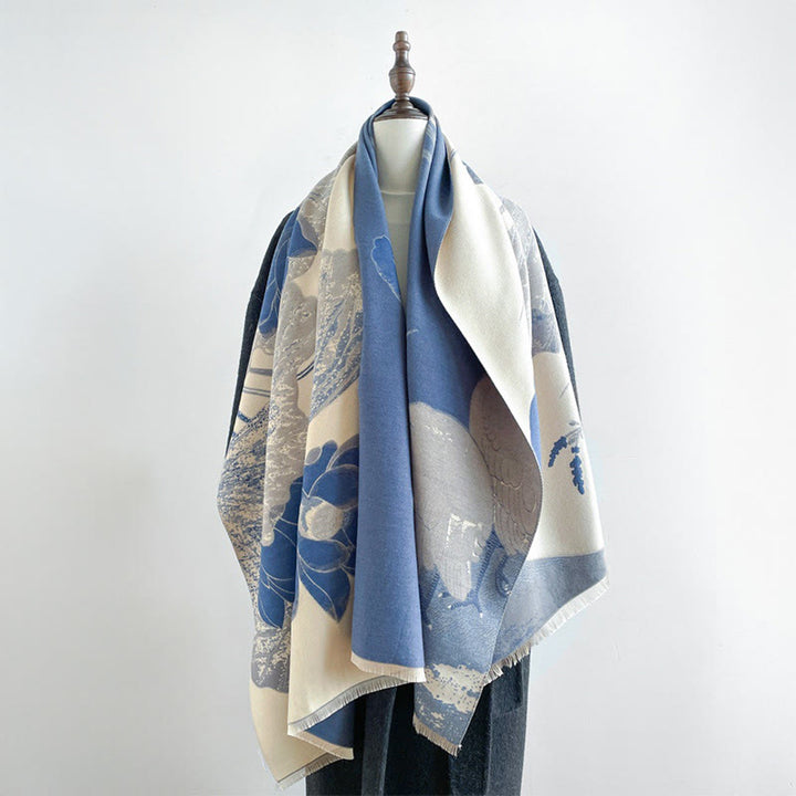 Sciarpa morbida con motivo a scialle, motivo a Buddha Stones invernale, uccelli, fiori di loto e foglie - image 9