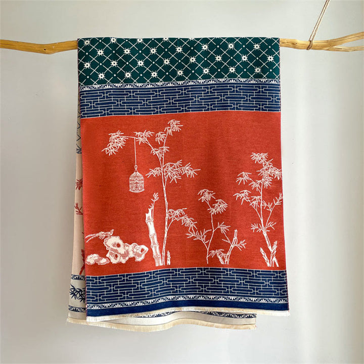 Sciarpa scialle accogliente con motivo a foglie di bambù invernali e uccellino Buddha Stones - image 1