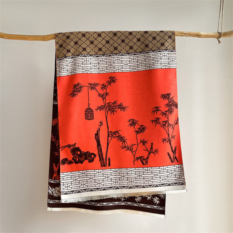 Sciarpa scialle accogliente con motivo a foglie di bambù invernali e uccellino Buddha Stones - image 15