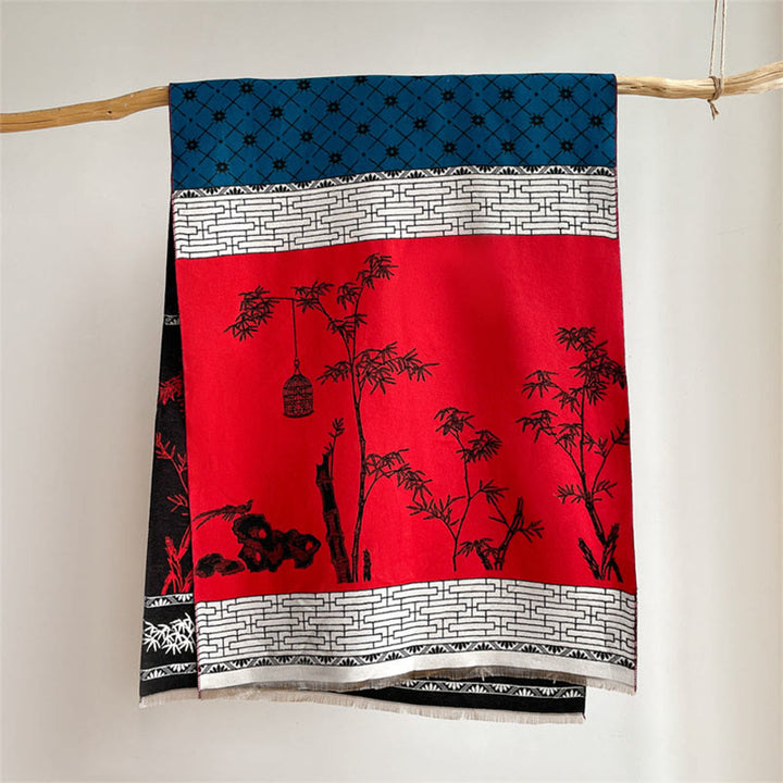 Sciarpa scialle accogliente con motivo a foglie di bambù invernali e uccellino Buddha Stones - image 8