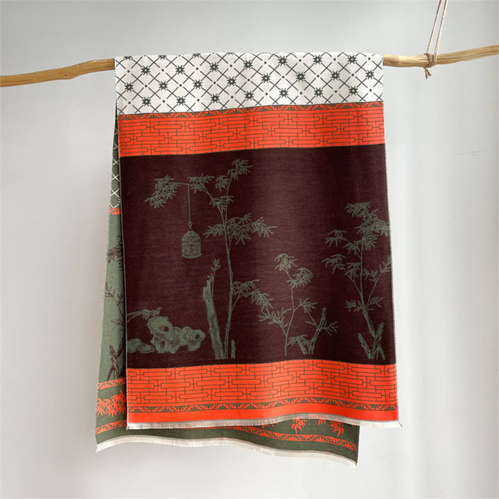 Sciarpa scialle accogliente con motivo a foglie di bambù invernali e uccellino Buddha Stones - image 11