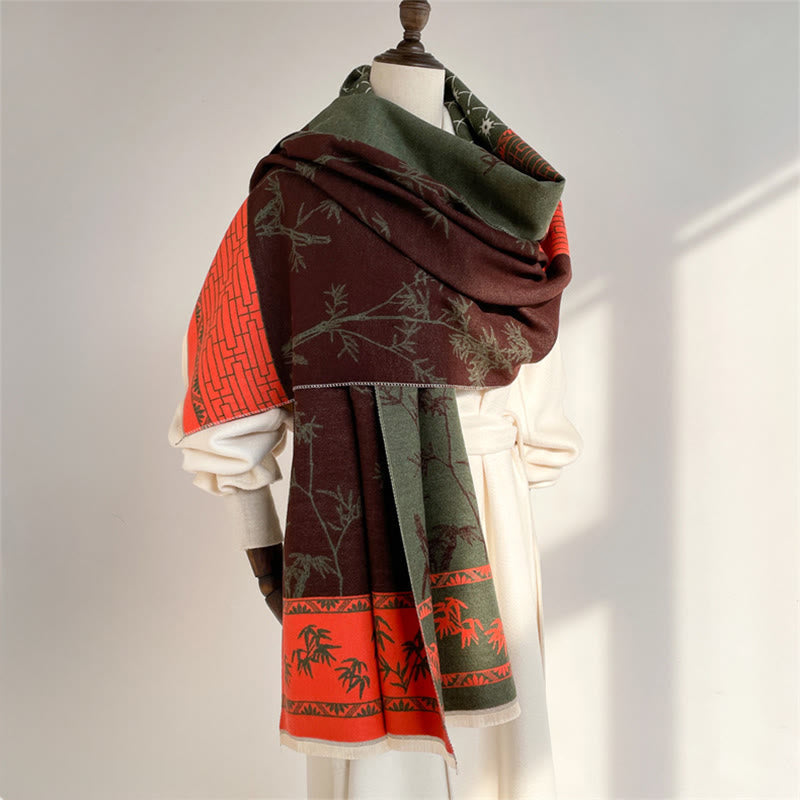 Sciarpa scialle accogliente con motivo a foglie di bambù invernali e uccellino Buddha Stones - image 10