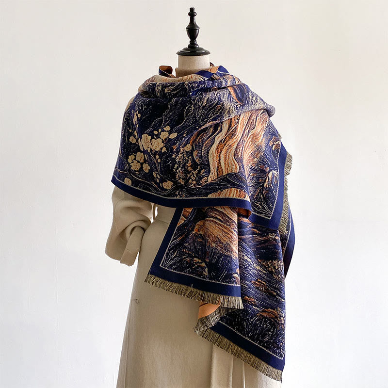 Sciarpa scialle accogliente con motivo a Buddha Stones, colore sfumato invernale, colline calde e alberi - Blu scuro - 185*65cm - image 0