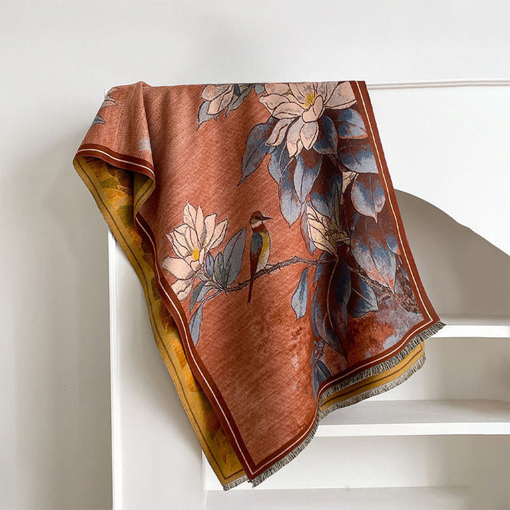 Sciarpa calda e accogliente con motivo a uccellino, motivo invernale Buddha Stones, fiori di magnolia bianchi - Corallo - 185*65cm - image 8