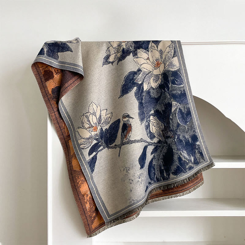 Sciarpa calda e accogliente con motivo a uccellino, motivo invernale Buddha Stones, fiori di magnolia bianchi - SteelBlue - 185*65cm - image 11