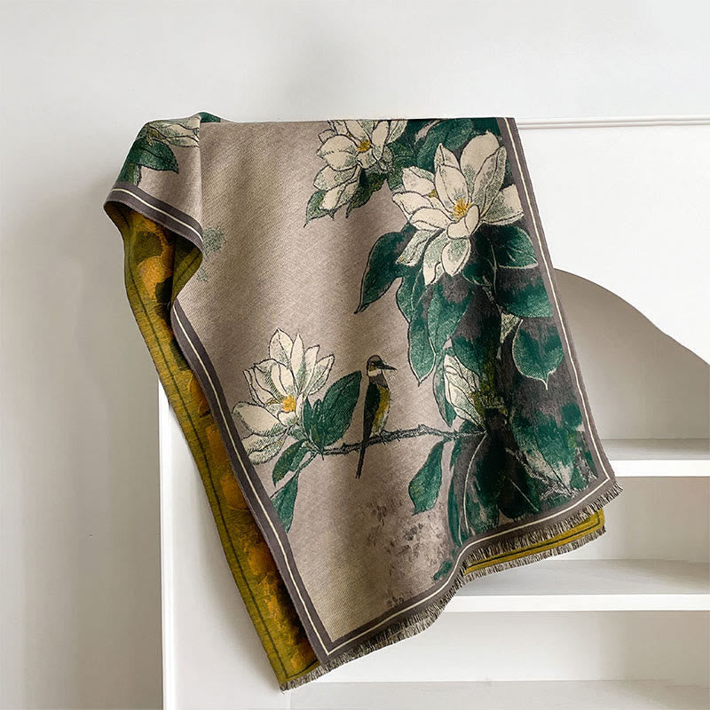 Sciarpa calda e accogliente con motivo a uccellino, motivo invernale Buddha Stones, fiori di magnolia bianchi - image 1