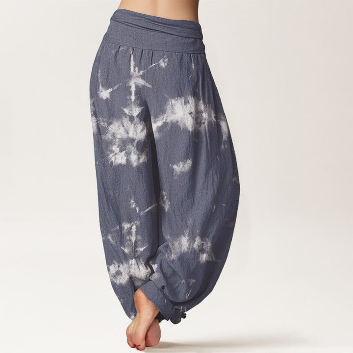 Pantaloni harem da donna con elastico in vita, in puro cotone, con linee bianche e pois, motivo tie-dye, Buddha Stones - image 7