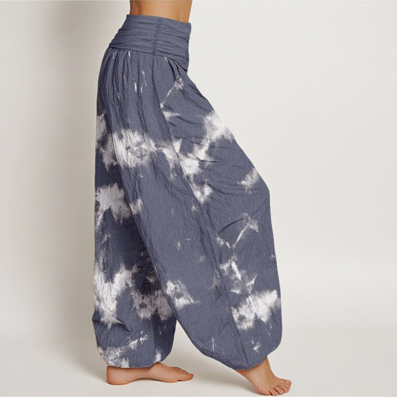 Pantaloni harem da donna con elastico in vita, in puro cotone, con linee bianche e pois, motivo tie-dye, Buddha Stones - image 6