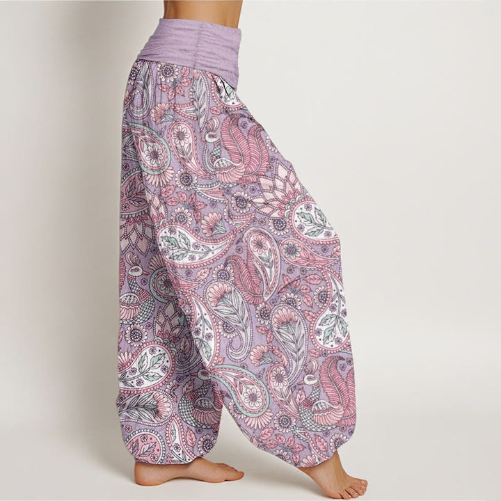 Pantaloni harem da donna con elastico in vita, in puro cotone, con motivo a fiori di anacardi, pavone e girasole, motivo Buddha Stones - image 2