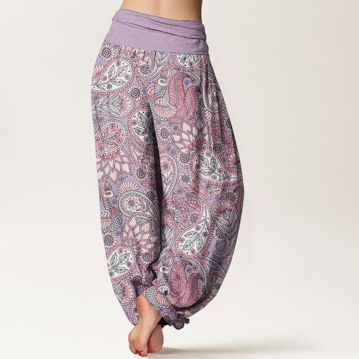 Pantaloni harem da donna con elastico in vita, in puro cotone, con motivo a fiori di anacardi, pavone e girasole, motivo Buddha Stones - image 1