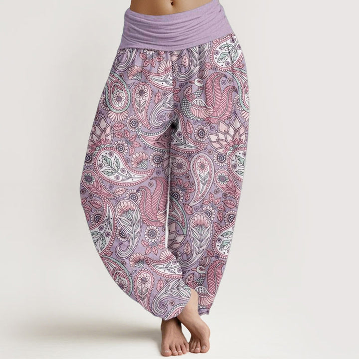 Pantaloni harem da donna con elastico in vita, in puro cotone, con motivo a fiori di anacardi, pavone e girasole, motivo Buddha Stones - Prugna - US22, UK/AU26, EU54 (6XL) - image 0