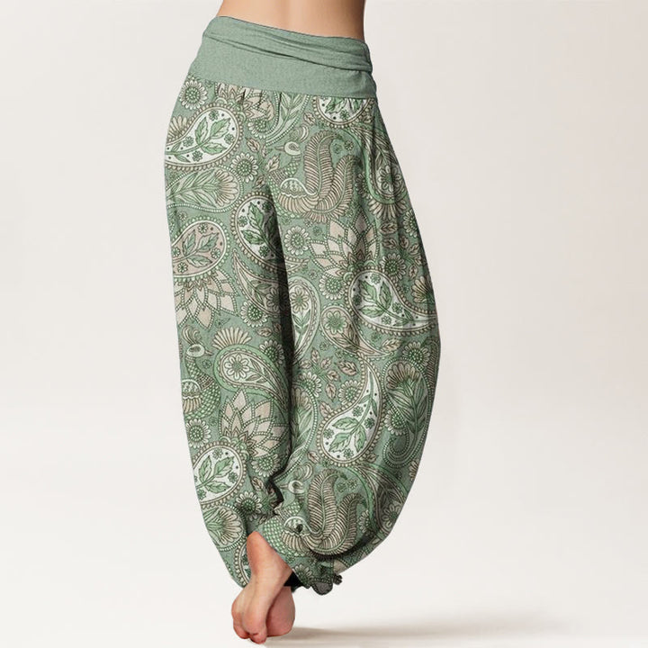 Pantaloni harem da donna con elastico in vita, in puro cotone, con motivo a fiori di anacardi, pavone e girasole, motivo Buddha Stones - image 6