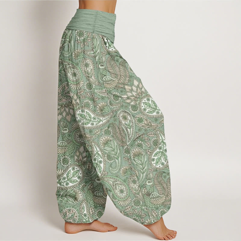 Pantaloni harem da donna con elastico in vita, in puro cotone, con motivo a fiori di anacardi, pavone e girasole, motivo Buddha Stones - image 7