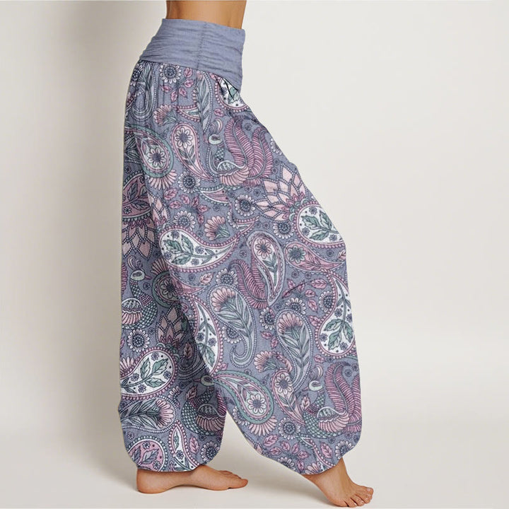 Pantaloni harem da donna con elastico in vita, in puro cotone, con motivo a fiori di anacardi, pavone e girasole, motivo Buddha Stones - image 10