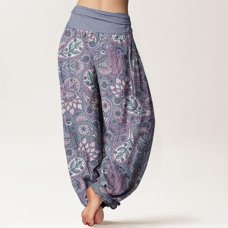 Pantaloni harem da donna con elastico in vita, in puro cotone, con motivo a fiori di anacardi, pavone e girasole, motivo Buddha Stones - image 9