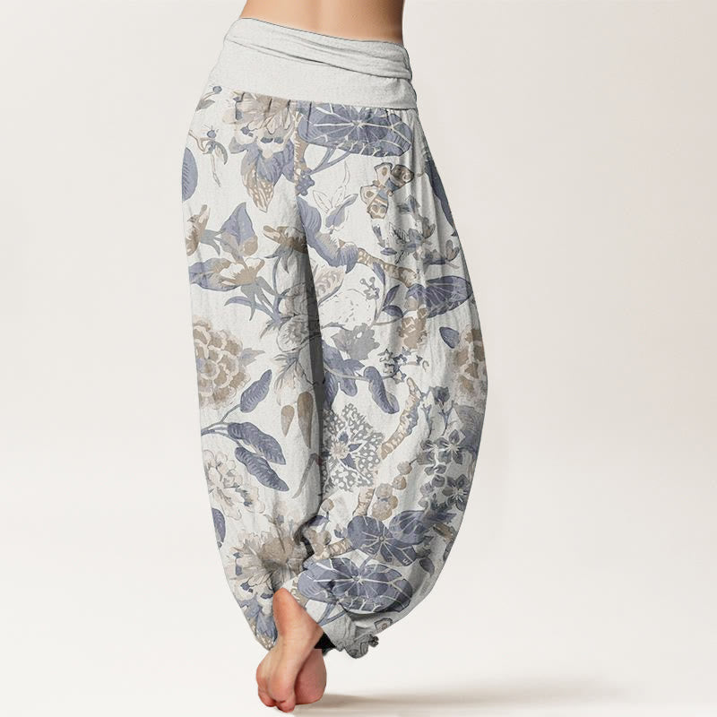 Pantaloni harem da donna con elastico in vita, in puro cotone, con motivo a foglie di loto e peonie, motivo Buddha Stones - image 1