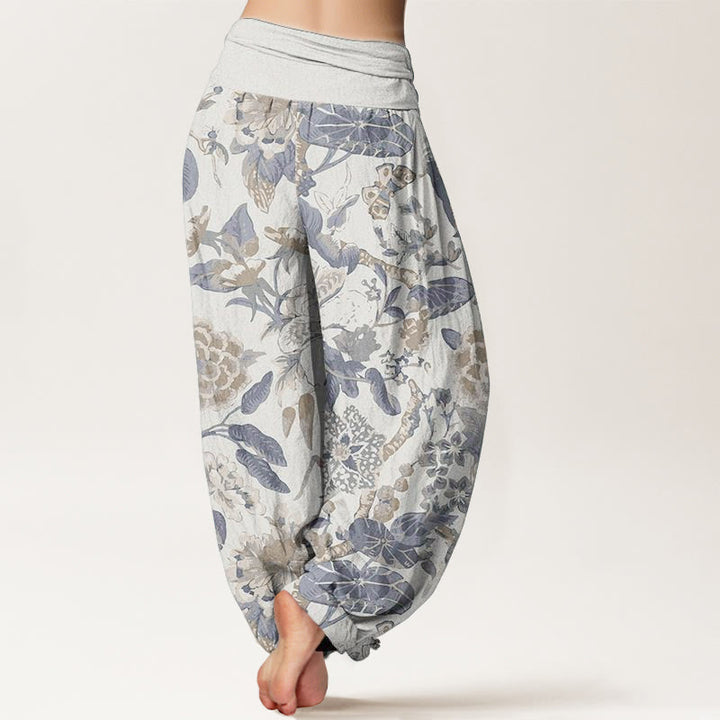 Pantaloni harem da donna con elastico in vita, in puro cotone, con motivo a foglie di loto e peonie, motivo Buddha Stones - image 1